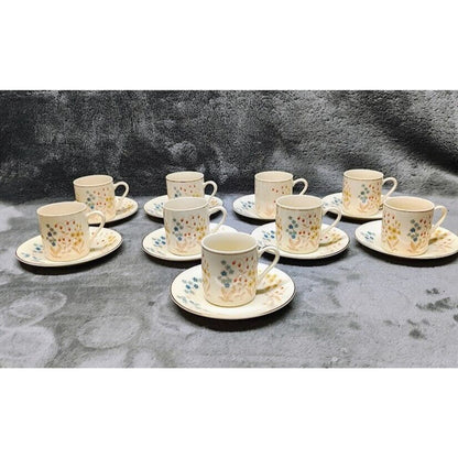 Vintage Budlet Fine China Demitasse 9 Cups & 9 Saucer Set Ivory with Flowers