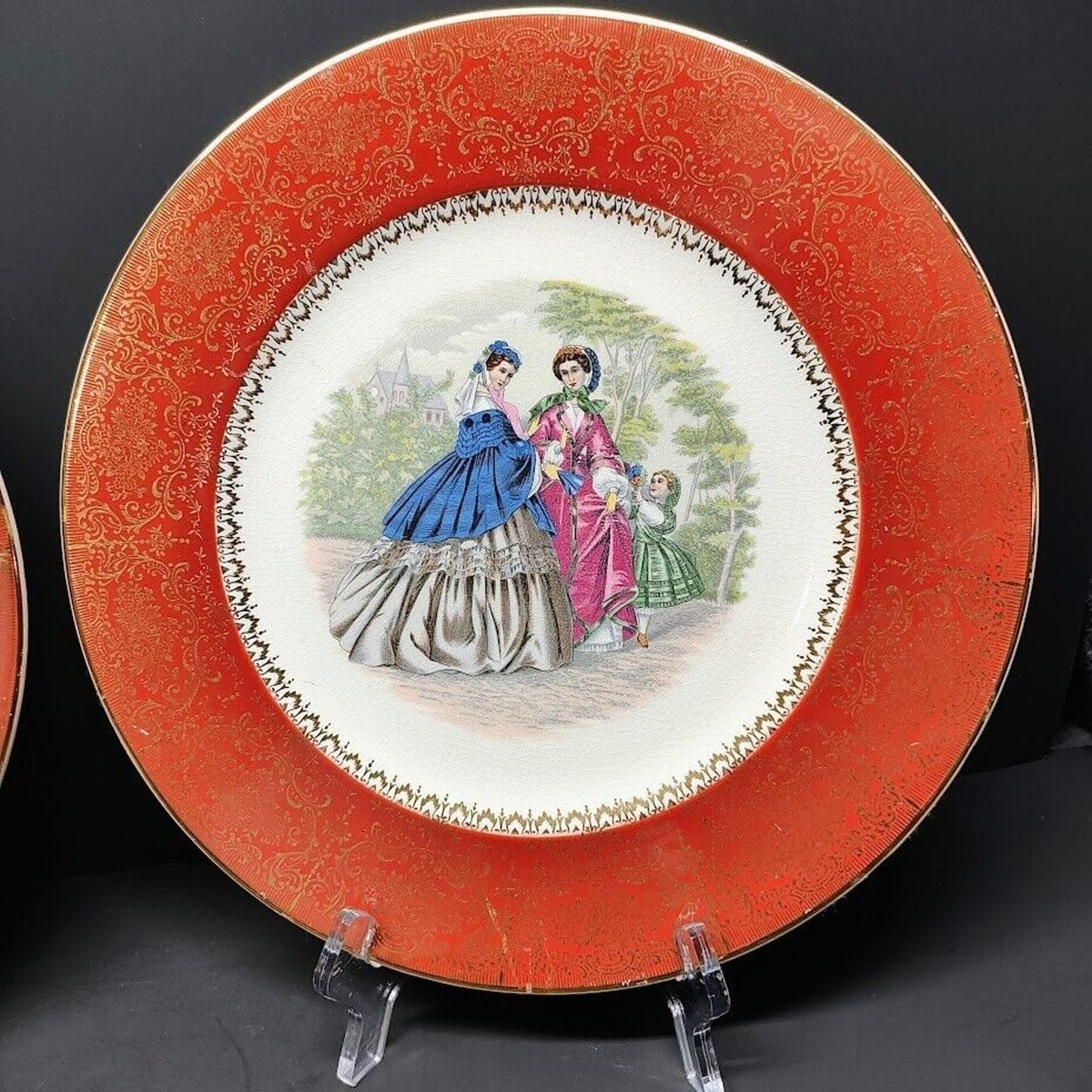 Vintage M R Victorian Red Filigree Hand Painted Gold Porcelain 10.75in Plates