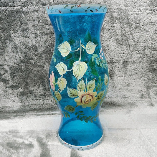 Vintage Hurricane Lamp Shade Blue Glass Chimney with Hand Painted Yellow Roses