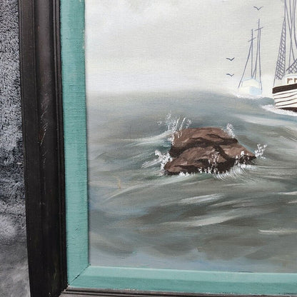 Oil Painting of Two Fishing Trawlers in a Storm with Rock Signed EL "87" 16x20