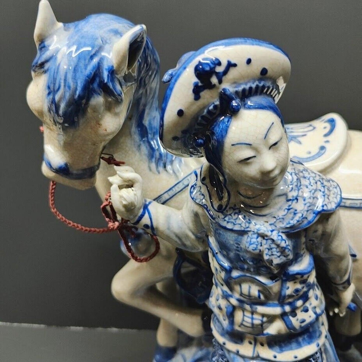 Bombay Horse & Traveler Asian Man Large 13.5” Figurine Blue White Porcelain Vtg