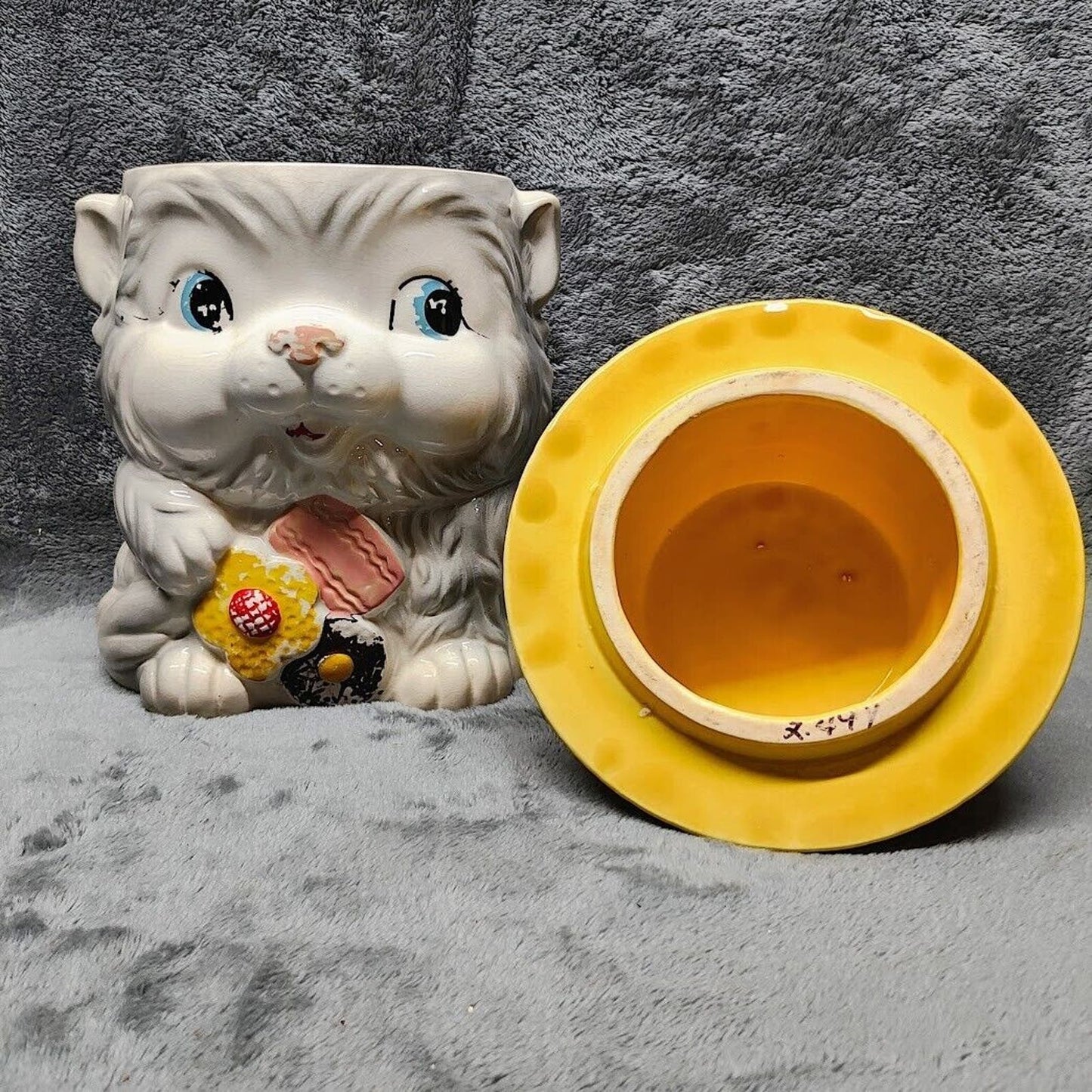 Vintage White Cat with Yellow Hat Orange Band Cookies Cookie Jar Japan RARE!