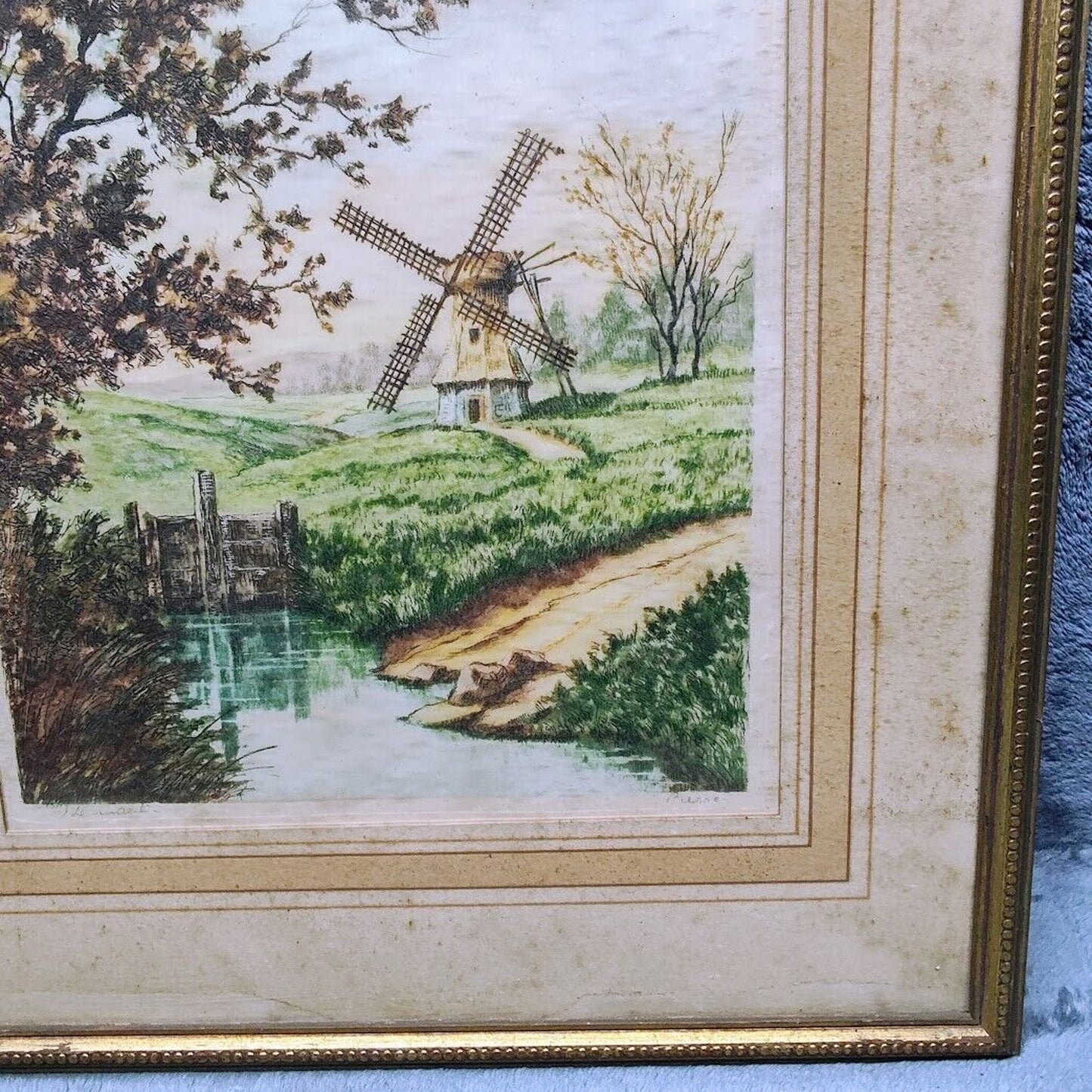 The Windmill 1930’s Genuine Colored Etching by Artist Pierre from Paris Etching