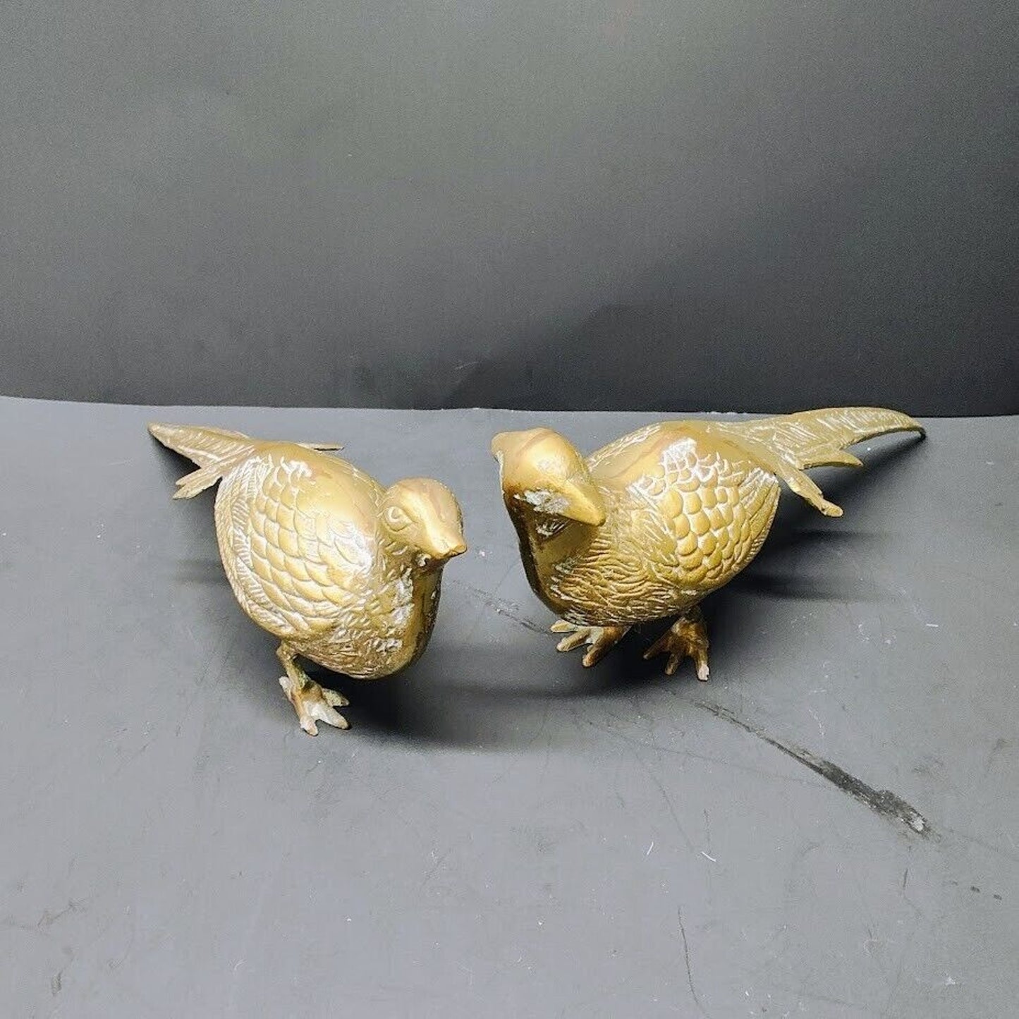 2 Vintage Solid Brass Pheasant Peacock Bird Figurine Statue 12.5in 13in MCM