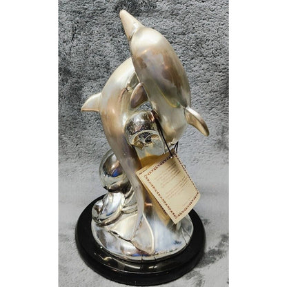 Hand Made Silver Tone Dolphins Statue, Cold Porcelain, 11" Tall -- Made in Italy