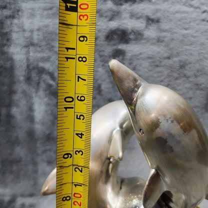 Hand Made Silver Tone Dolphins Statue, Cold Porcelain, 11" Tall -- Made in Italy