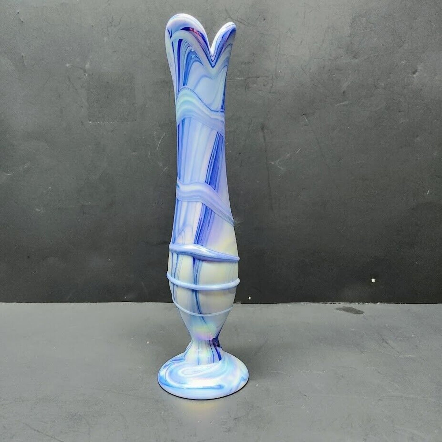 Unique Vintage Art Glass Vase Tall Blue White Swirls Vase 10.5in Tall