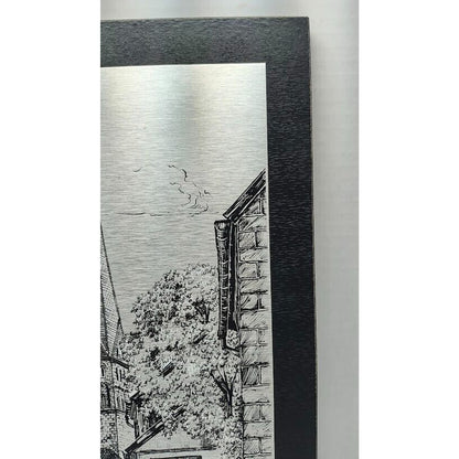 Vintage Etching On Metal Picture kamen der schiefe turm in Germany 15.5” x 9.75"