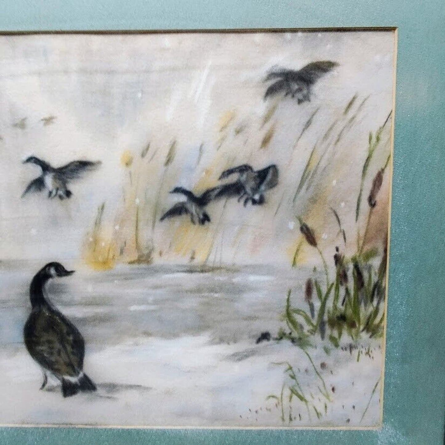 Original art of Geese near lake during the winter. Signed by Celeste 15" x 19.5"