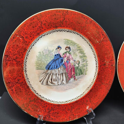 Vintage M R Victorian Red Filigree Hand Painted Gold Porcelain 10.75in Plates