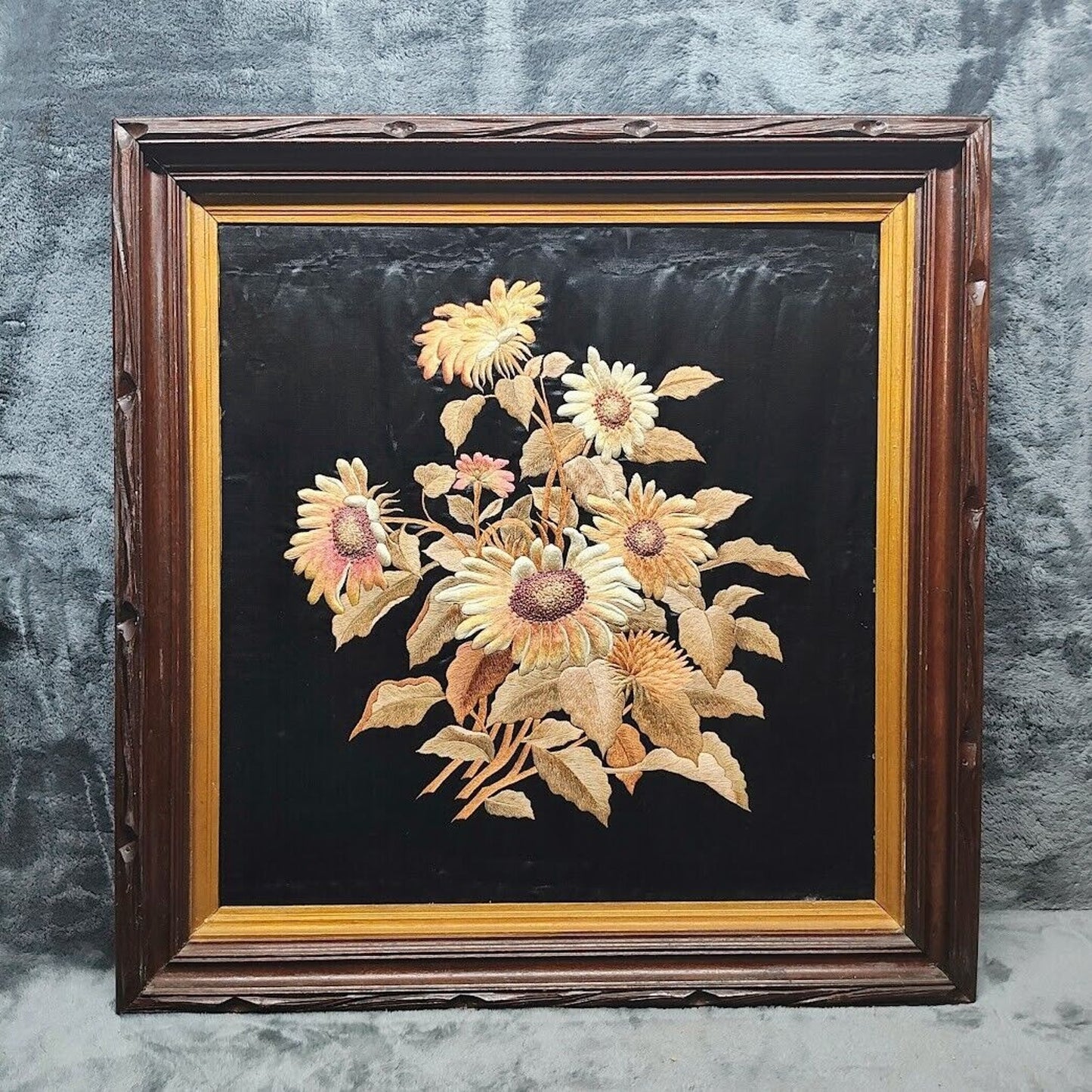 Vintage Chinese Hand Embroidered Silk Panel Flowers Framed 25" x 25"