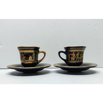 2-Greek Handmade Demitasse Cups & Saucer's Black W/ 24K Gold Vintage Spyropoulos