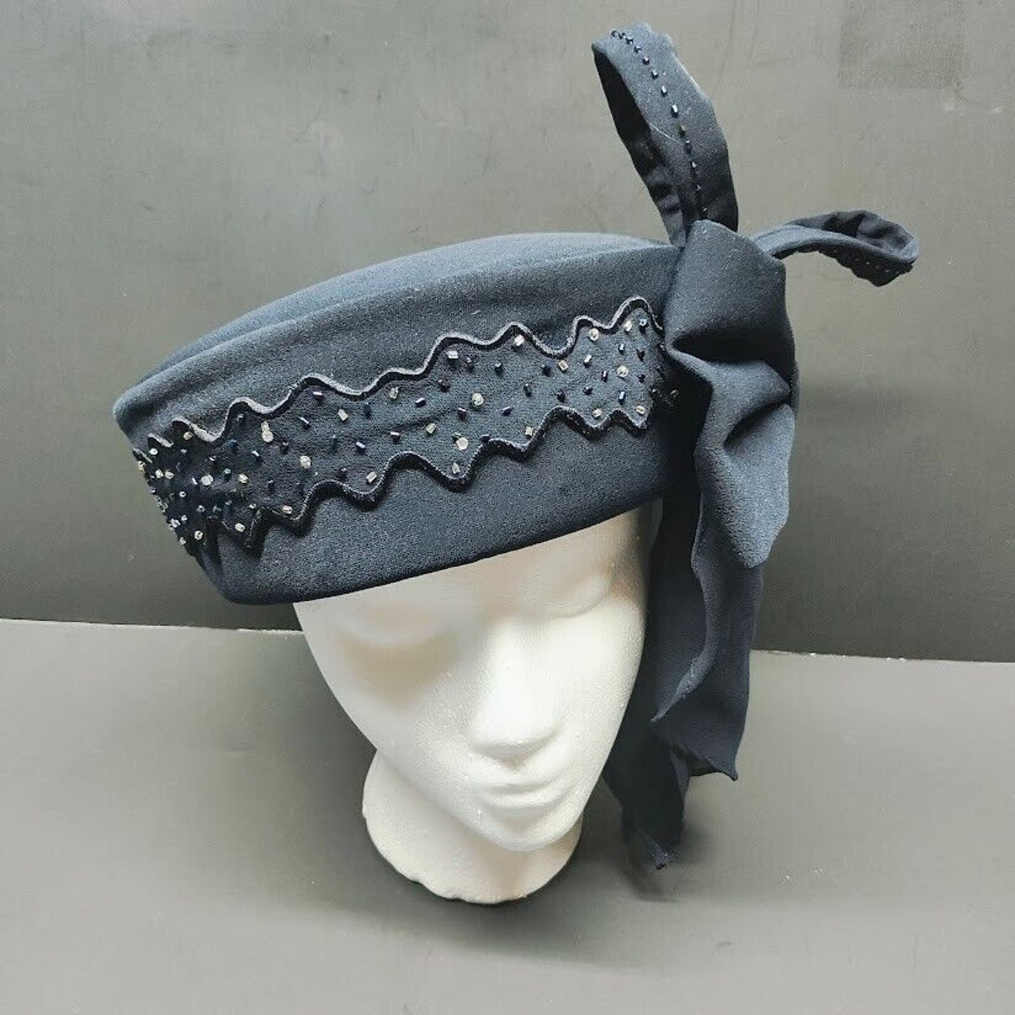 Women's Blue Ben Marc Hat Fascinator Large Blue Fabric Bow and small beads