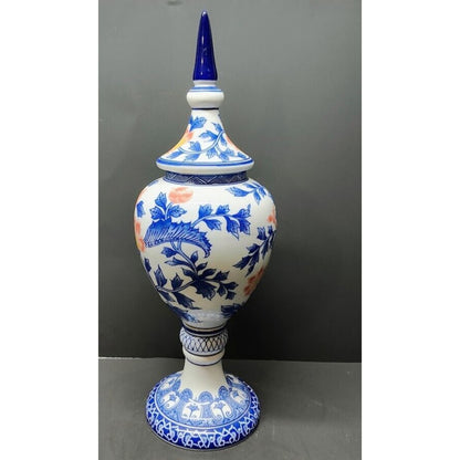 Bombay Company Blue Floral pointed lidded Urn style Large Vase 20" Tall