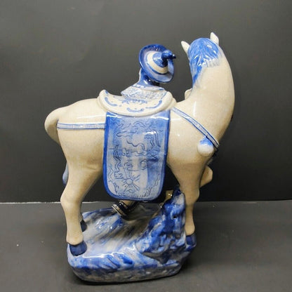 Bombay Horse & Traveler Asian Man Large 13.5” Figurine Blue White Porcelain Vtg