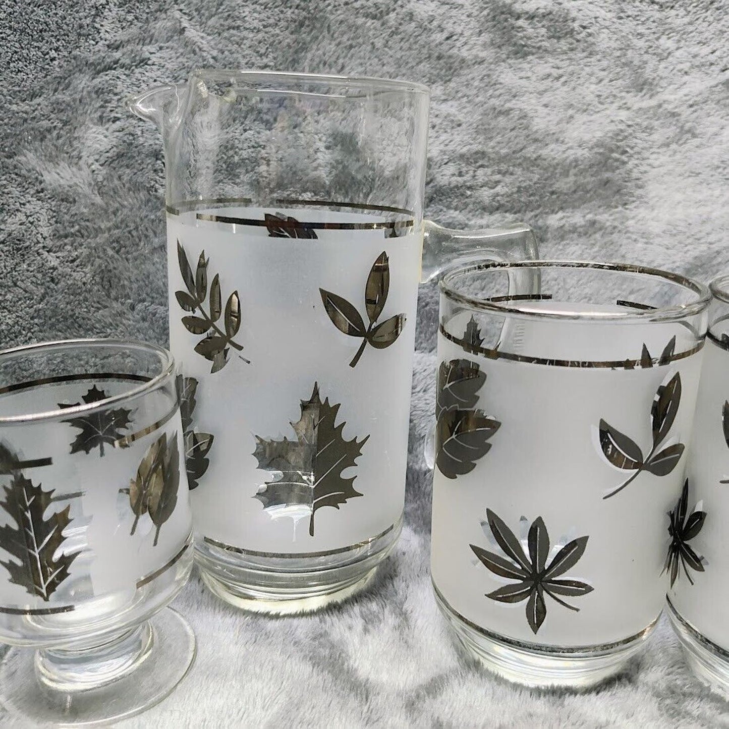 Vintage Libbey Frosted Silver Leaf Silver Foliage Pitcher & Glasses Bar Lot