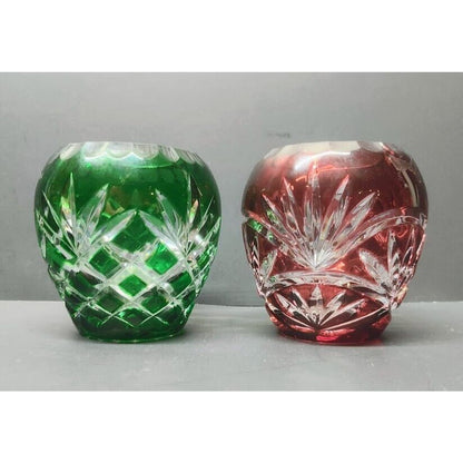 Emerald Green and Ruby Red Cut To Clear Bohemian Style candle holder Vintage