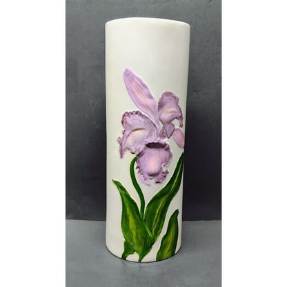 Handmade Hand Painted Porcelain Vase White Round Purple Iris 12in Tall