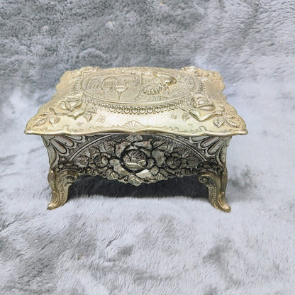 Vintage Jewelry Casket 1950s Repousse Motif Roses & Southern Lady Music Box!