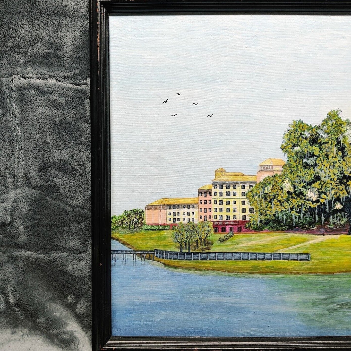 Large Painting on canvas building on a waterway and Large tree Signed KmR 2010