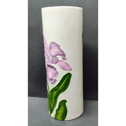 Handmade Hand Painted Porcelain Vase White Round Purple Iris 12in Tall