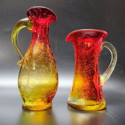 Vintage Amberina Pitcher/Bud Vase's Crackle Glass 5.5" & 4" Tall. GLOWS