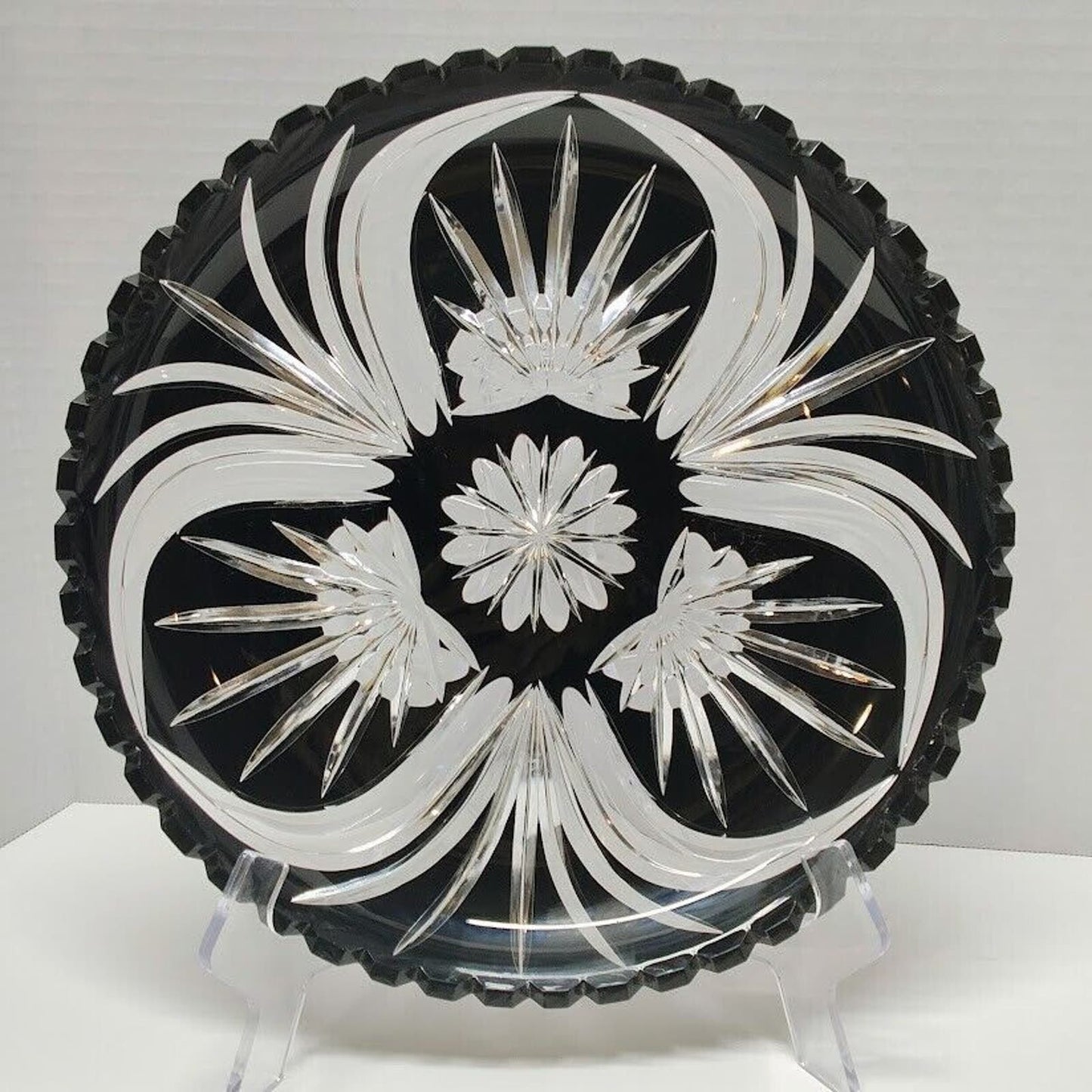 Vintage Bohemian Black Onyx Cut to Clear Cake/Serving Platter 11 5/8" signed