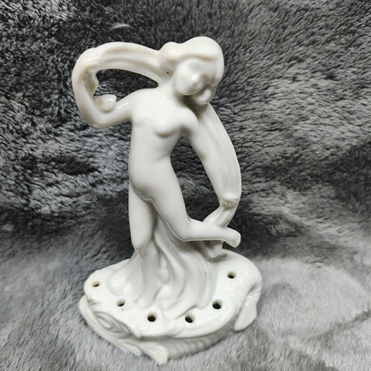 German Porcelain Nude Scarf Dance Carp Hat Pin Flower Holder Art Deco Original