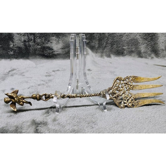 Antique ITALY ORNATE BRASS Serving Fork Cherub Mermaid Antique Vtg