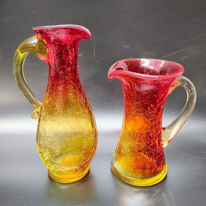 Vintage Amberina Pitcher/Bud Vase's Crackle Glass 5.5" & 4" Tall. GLOWS