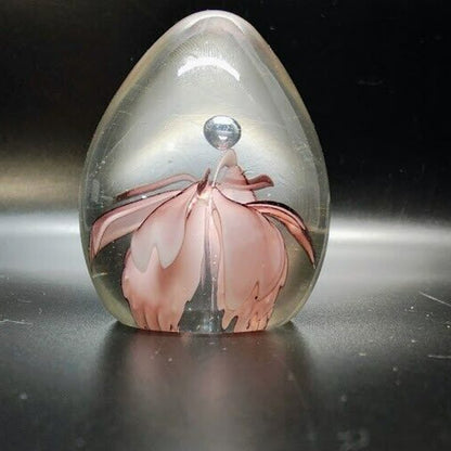 Art Glass Paperweight Pink/Purple Flower with Bubble