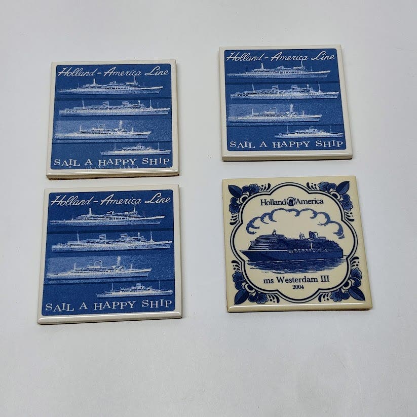 Set of 4 Delft Blue ceramic coasters W/ Cork Back 3 W/ COA Westerdam III 2004