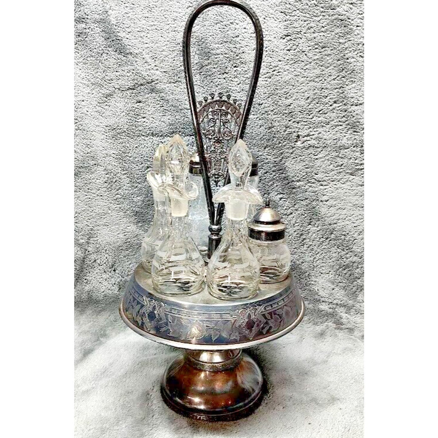 Antique Wilcox Silverplate Co, 6 Piece Cruet Set #0578, Quadruple Plate, Glass