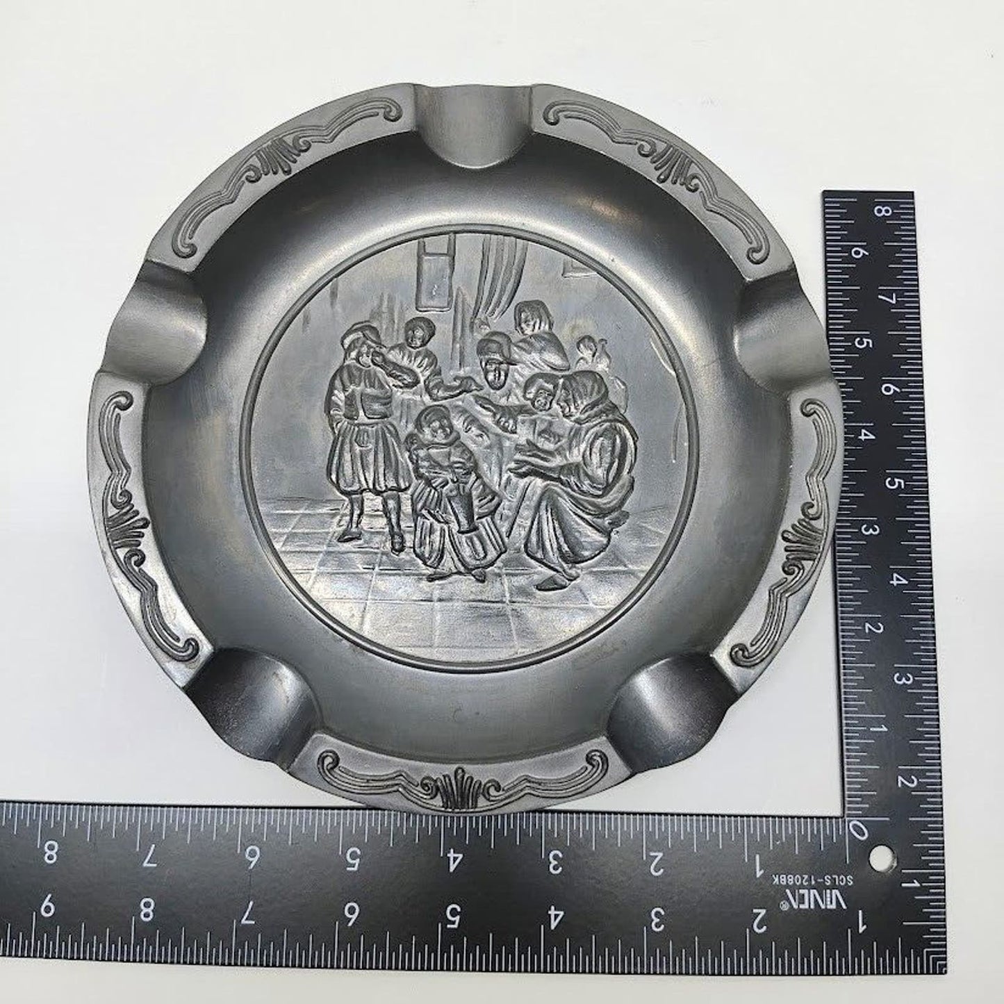 Rare 5-Finger Ornate Ashtray Heavy Pewter w/ Medieval Scene Excellent Condition