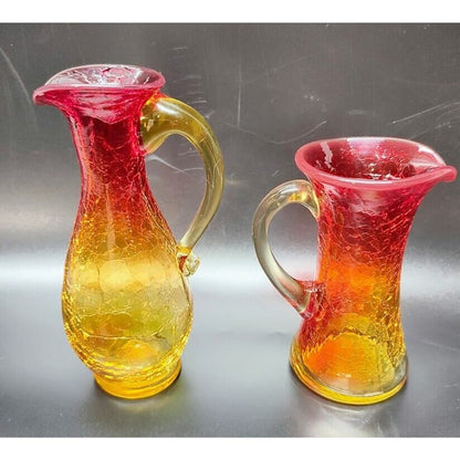 Vintage Amberina Pitcher/Bud Vase's Crackle Glass 5.5" & 4" Tall. GLOWS