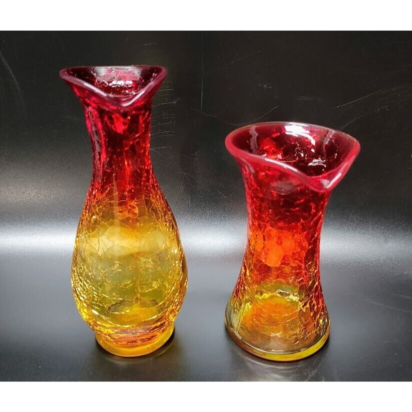 Vintage Amberina Pitcher/Bud Vase's Crackle Glass 5.5" & 4" Tall. GLOWS