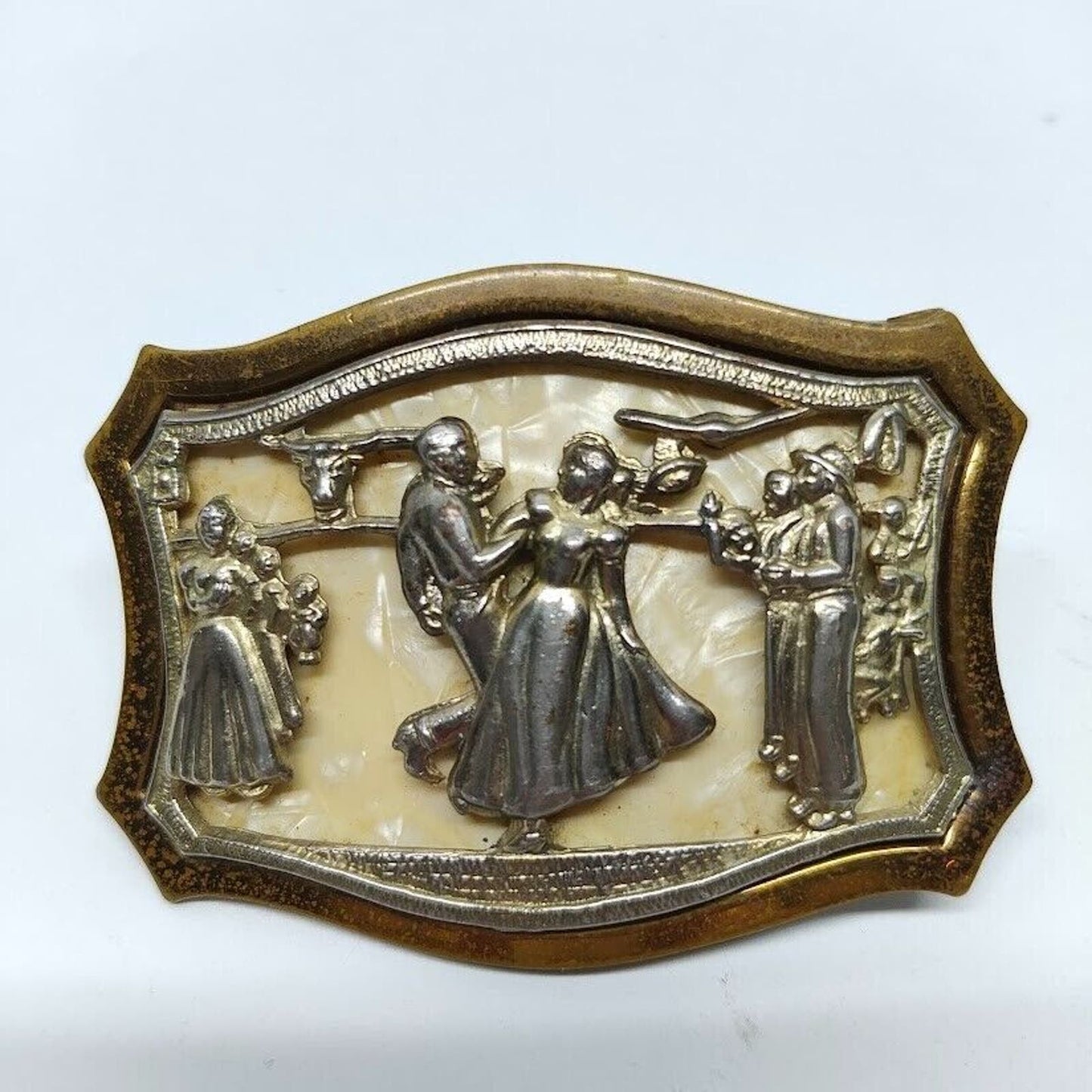 Rare Vtg Waltzing Dancing Couple Bronze Base with Mother of Pearl BELT BUCKLE