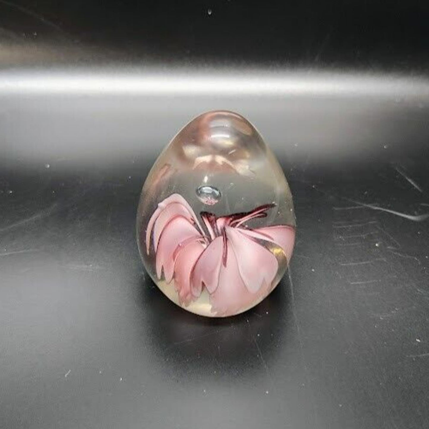 Art Glass Paperweight Pink/Purple Flower with Bubble