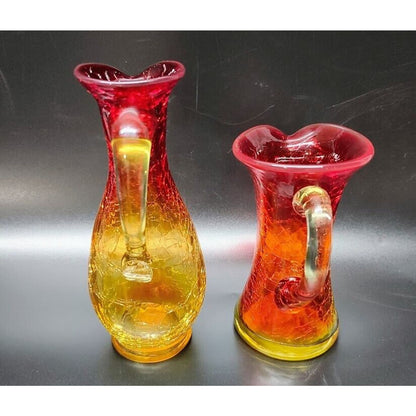 Vintage Amberina Pitcher/Bud Vase's Crackle Glass 5.5" & 4" Tall. GLOWS