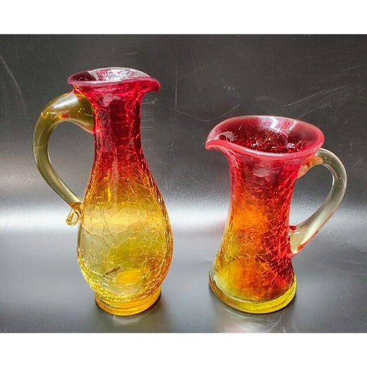 Vintage Amberina Pitcher/Bud Vase's Crackle Glass 5.5" & 4" Tall. GLOWS