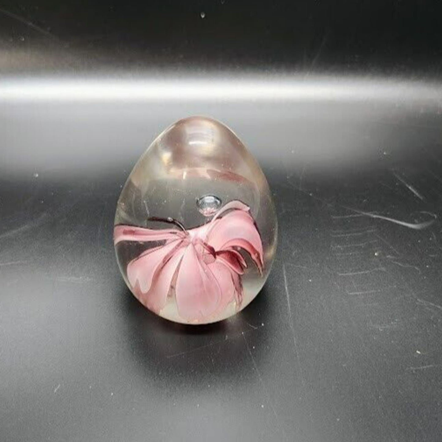 Art Glass Paperweight Pink/Purple Flower with Bubble