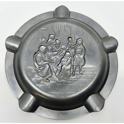 Rare 5-Finger Ornate Ashtray Heavy Pewter w/ Medieval Scene Excellent Condition