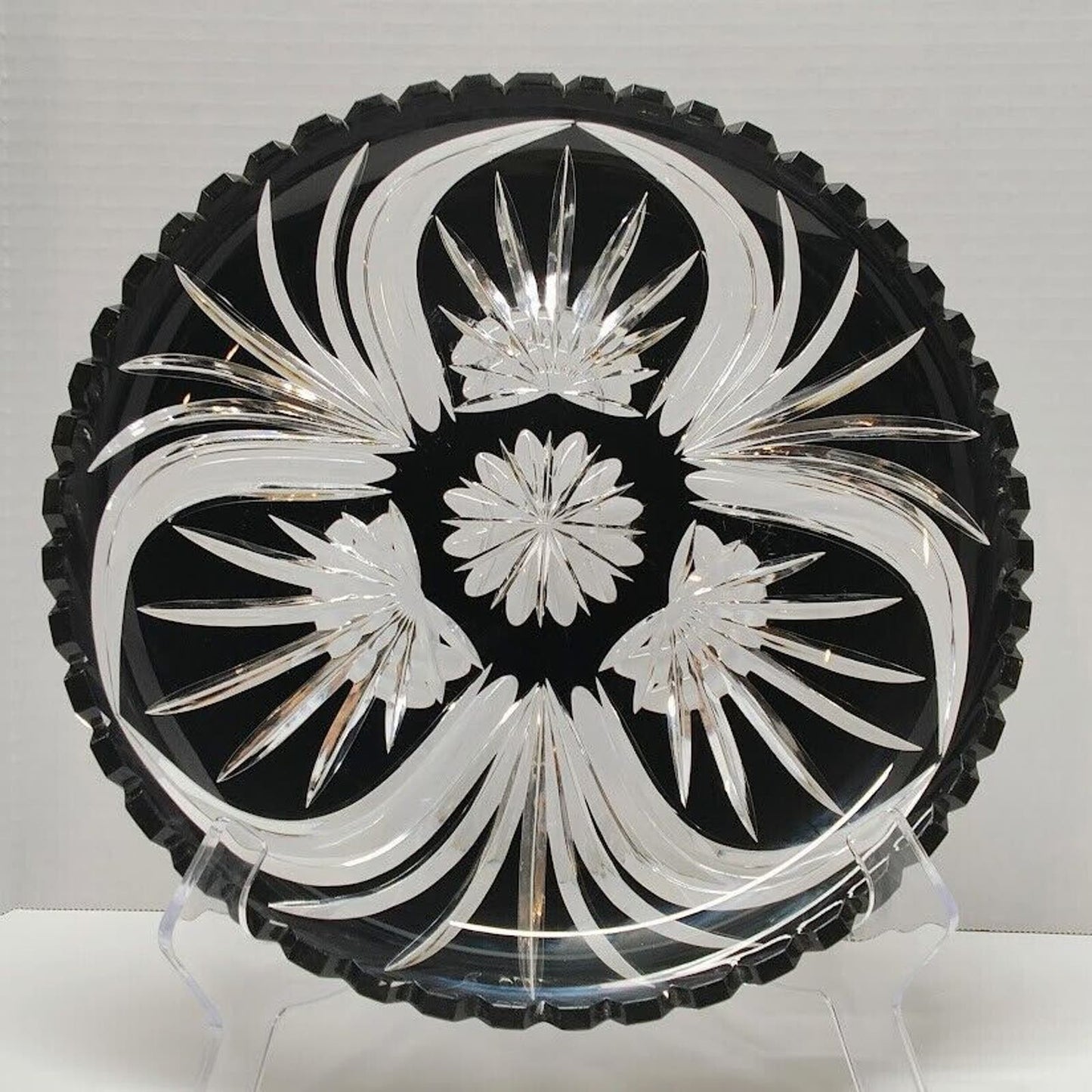 Vintage Bohemian Black Onyx Cut to Clear Cake/Serving Platter 11 5/8" signed