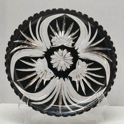 Vintage Bohemian Black Onyx Cut to Clear Cake/Serving Platter 11 5/8" signed