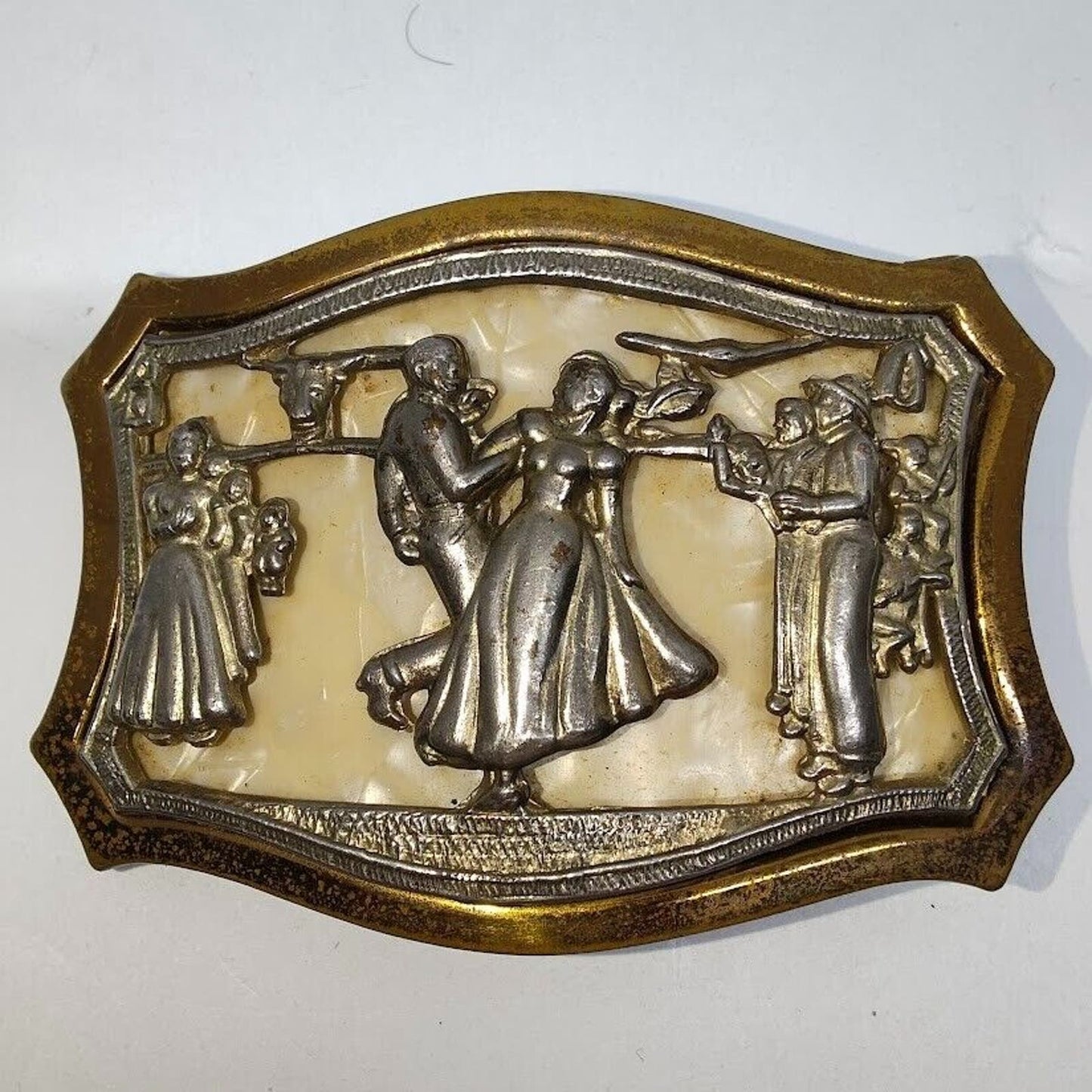 Rare Vtg Waltzing Dancing Couple Bronze Base with Mother of Pearl BELT BUCKLE