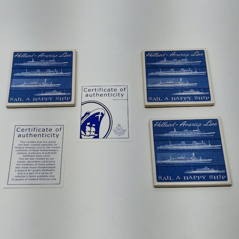 Set of 4 Delft Blue ceramic coasters W/ Cork Back 3 W/ COA Westerdam III 2004