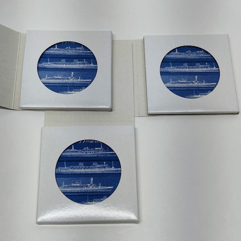 Set of 4 Delft Blue ceramic coasters W/ Cork Back 3 W/ COA Westerdam III 2004