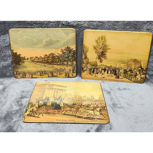 Vintage Hyde Park felt backed trivets/placemats, Set of 3, 9.5" x 7.5"