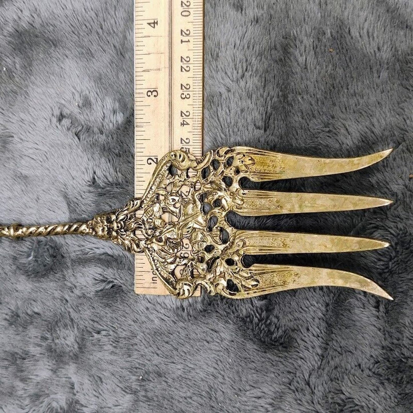 Antique ITALY ORNATE BRASS Serving Fork Cherub Mermaid Antique Vtg