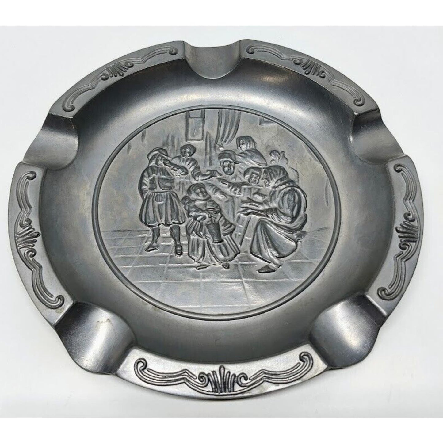 Rare 5-Finger Ornate Ashtray Heavy Pewter w/ Medieval Scene Excellent Condition